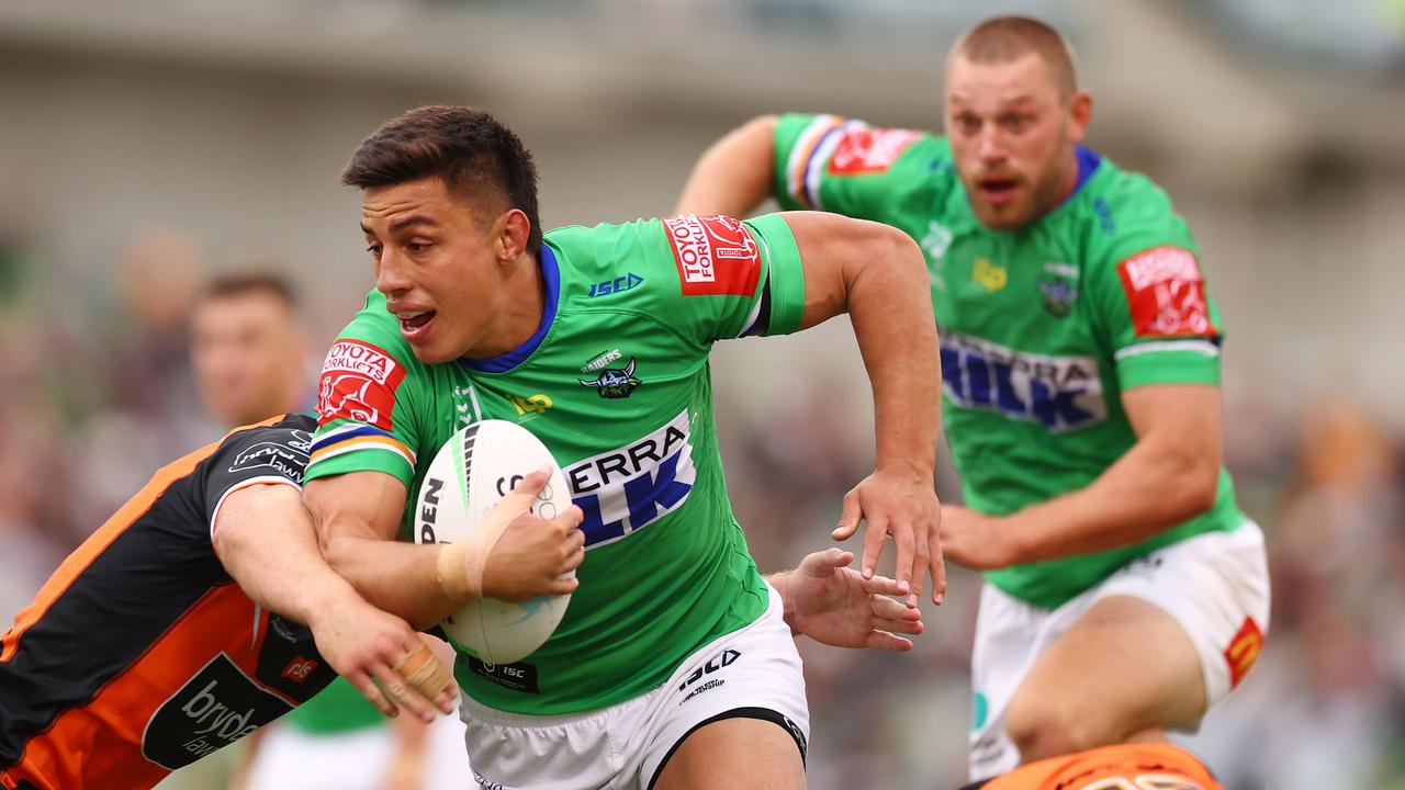CANBERRA, AUSTRALIA - MARCH 14: Joe Tapine of the Raiders in action during the round one NRL match between the Canberra Raiders and the Wests Tigers at GIO Stadium, on March 14, 2021, in Canberra, Australia. (Photo by Mark Nolan/Getty Images)