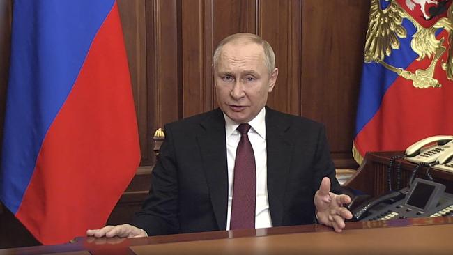 Russian President Vladimir Putin addresses the nation at the Kremlin in Moscow early on February 24. Picture: AFP/Kremlin.ru/handout