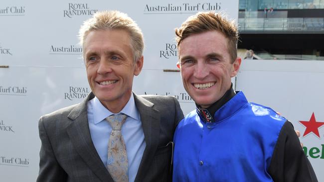 Mark Newnham and Josh Parr after winning the Randwick Guineas with Shadow Hero. Picture: AAP