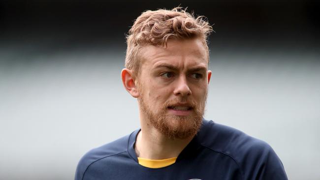 Hugh Greenwood is seen during an Adelaide Crows training session at the Adelaide Oval in Adelaide, Friday, August 16, 2019. The Adelaide Crows will play the Collingwood Magpies in Round 22 on Saturday. (AAP Image/Kelly Barnes)