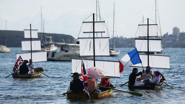 Kenja’s re-enactment of the First Fleet landing on Australia Day at Balmoral Beach last year. Picture: Braden Fastier