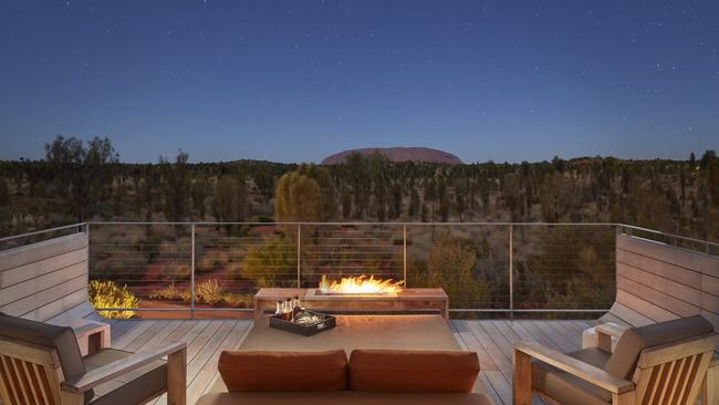 View of Uluru from the deck of a Longitude 131 tented pavilion. Picture: George Apostolidis