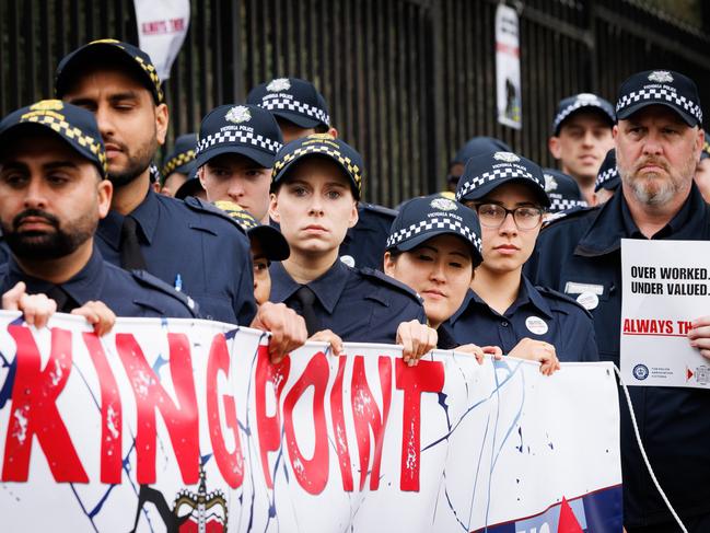 Victorian Police stage a walkout protest at Victorian Police Academy in Glen Waverley over ongoing industrial relations pay disputes. Picture: Nadir Kinani