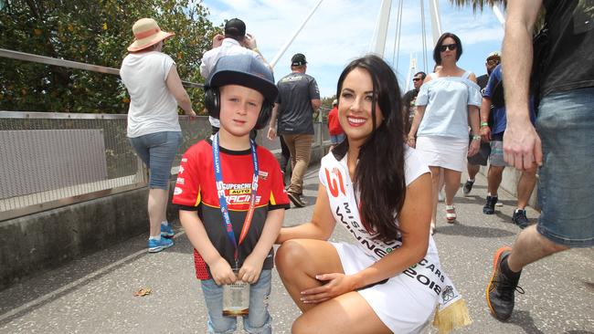 Gold Coast 600 Colour. Miss Supercars Gabriella Bottarelli with Hudson Mikulic, 5, from Ormeau. Picture: Mike Batterham.