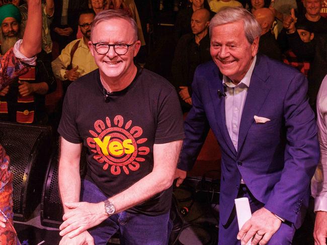 Prime Minister Anthony Albanese and Ray Martin at the Yes campaign event. Picture: Max Mason-Hubers