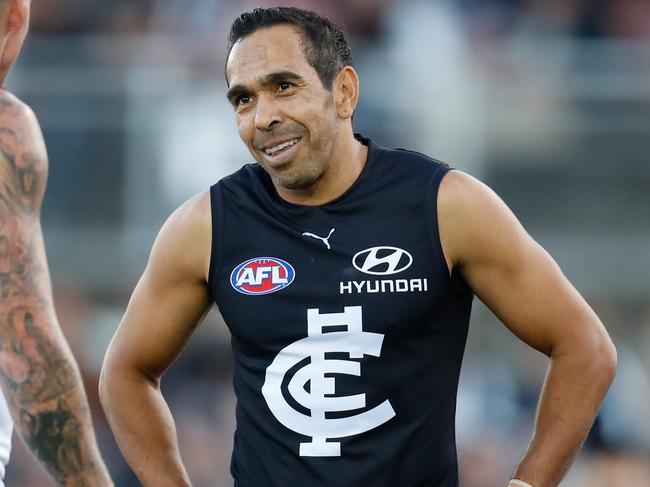 MELBOURNE, AUSTRALIA - MARCH 08: Mitch Robinson of the Lions and Eddie Betts of the Blues share a laugh during the 2020 Marsh Community Series match between the Carlton Blues and the Brisbane Lions at Ikon Park on March 08, 2020 in Melbourne, Australia. (Photo by Michael Willson/AFL Photos via Getty Images)