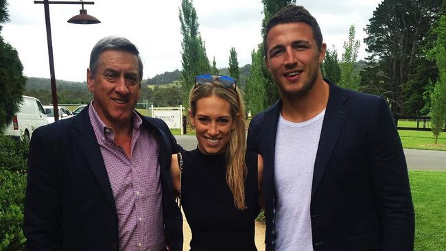 Sam Burgess, right, with wife Phoebe and her father, Mitch Hooke. Picture: Instagram.