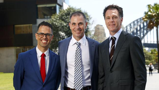 Treasurer Daniel Mookhey (l to r), Daily Telegraph editor Ben English and Premier Chris Minns. Picture: Richard Dobson