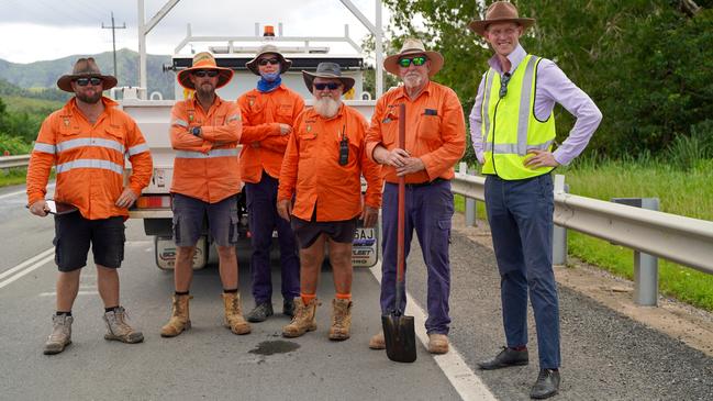 Former Transport and Roads Minister Mark Bailey met with Road Tek crew members (from left) Tyrone Russo, Chris Field, Andrew McGlashan, Ron Kirk and Red Tessmer along the Bruce Highway north of Mackay in January 2023 to inspect damage following a rainfall event which shut the highway for days. Picture: Heidi Petith