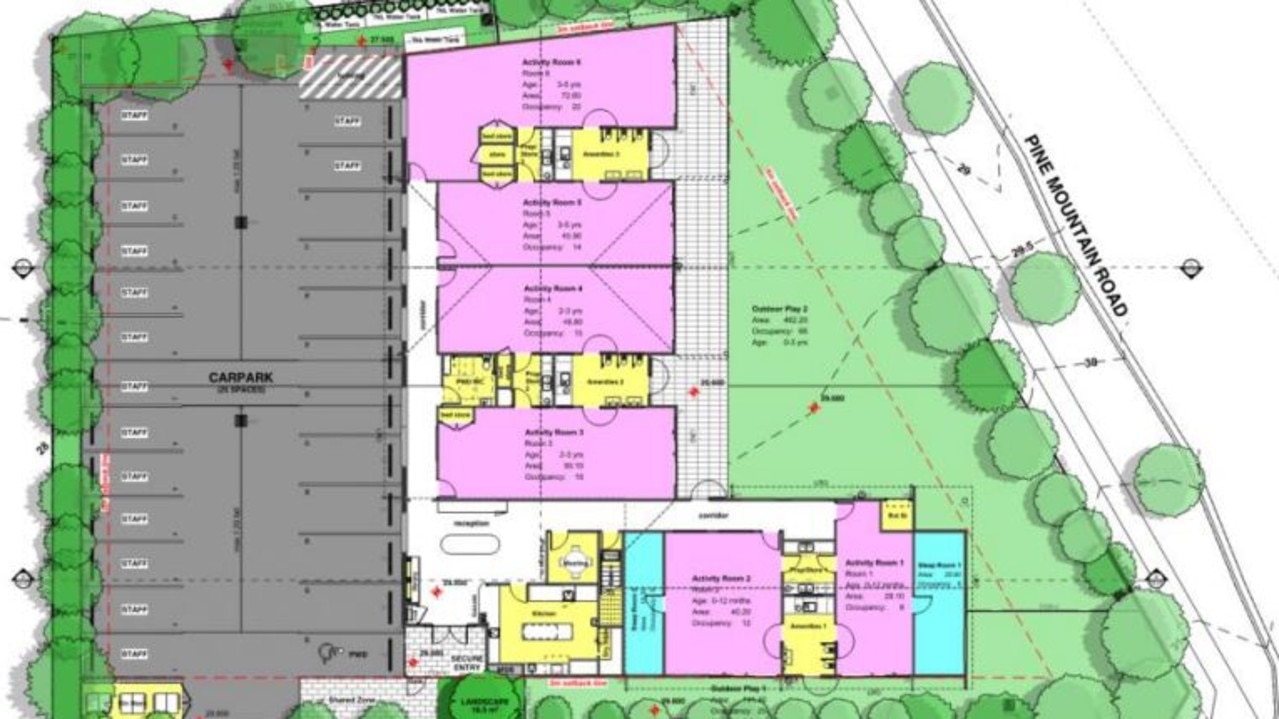 The site plan and ground floor layout of the childcare centre proposed by Griffith Group One for 102-104 Pine Mountain Rd, Brassall.