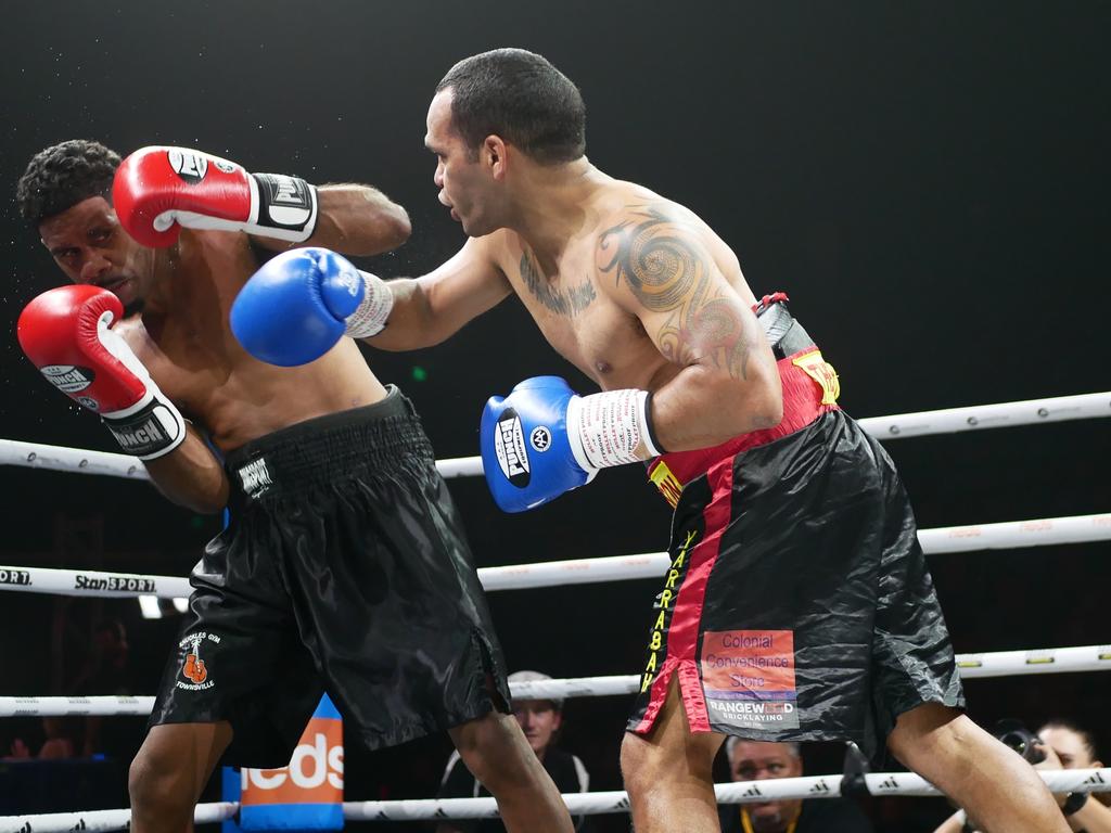 Patrick Clarke fights Alan Patterson at the Battle of the Reef fight night at the Townsville Entertainment and Convention centre, October 7 2023. Picture: Blair Jackson.