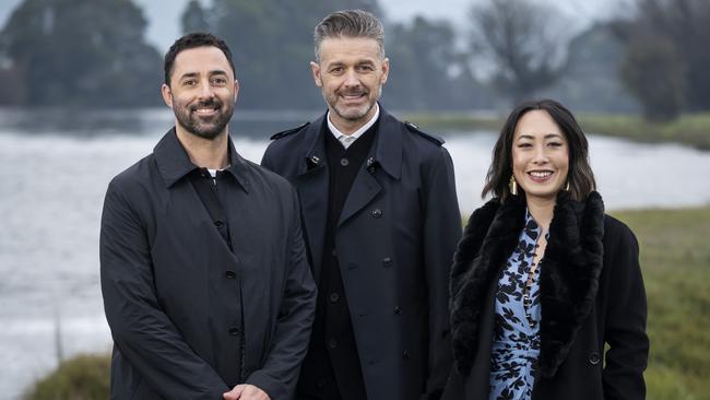 MasterChef Australia judges Andy Allen, Jock Zonfrillo and Melissa Leong during filming in Tasmania's Derwent Valley.