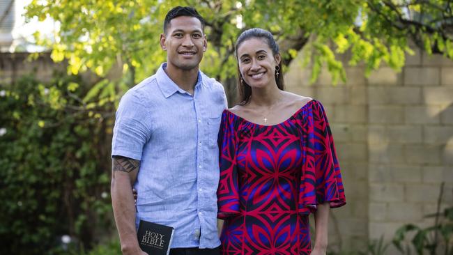 Israel Folau with his wife Maria Folau at Kenthurst Uniting Church after a Sunday service. Picture: Hollie Adams