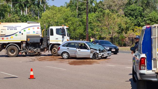 Emergency services at the scene of a crash along Bagot Road on Thursday morning. Picture: Che Chorley