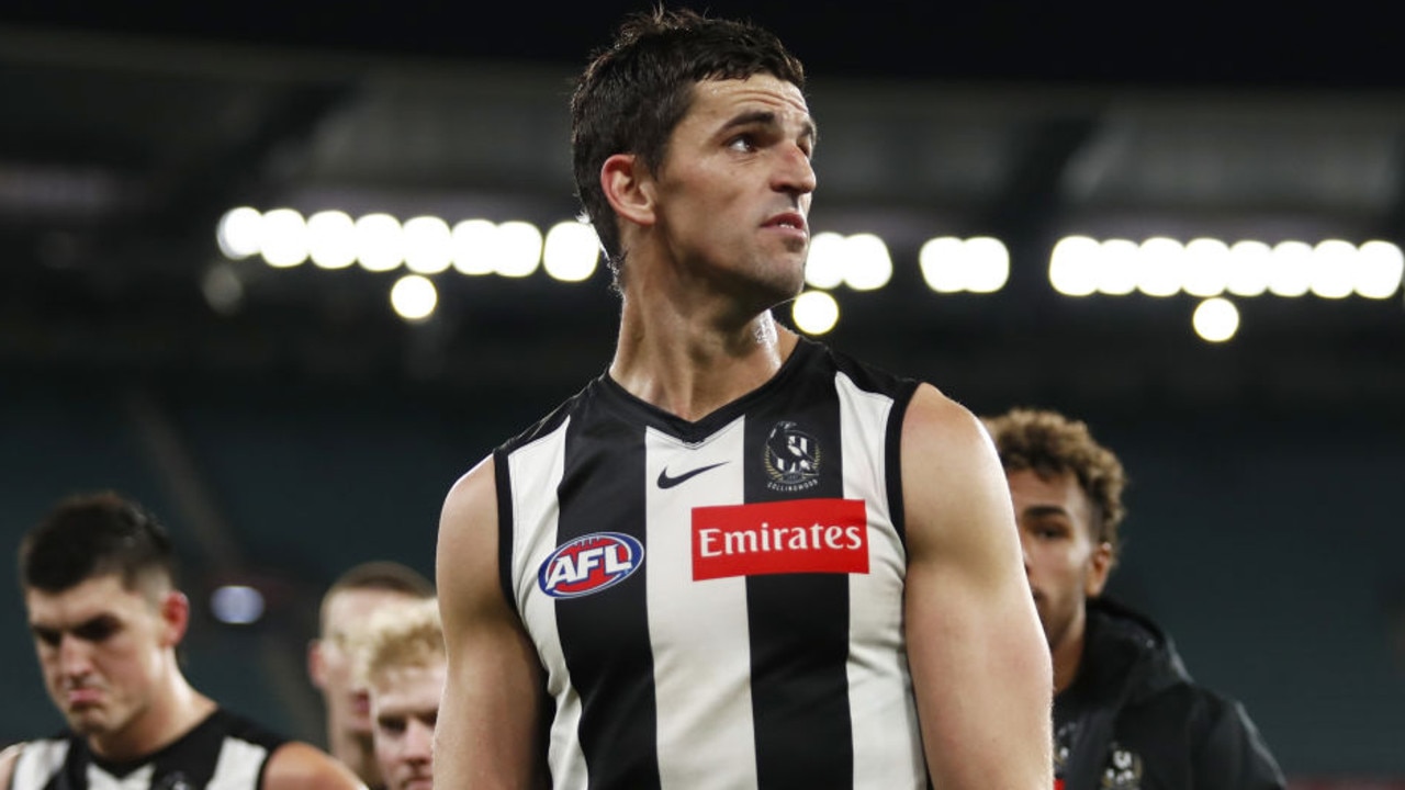 MELBOURNE, AUSTRALIA - JULY 04: Scott Pendlebury of the Magpies looks dejected after a loss during the 2021 AFL Round 16 match between the Collingwood Magpies and the St Kilda Saints at the Melbourne Cricket Ground on July 4, 2021 in Melbourne, Australia. (Photo by Dylan Burns/AFL Photos via Getty Images)