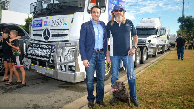 Queensland Premier Davis Crisafulli the truck driver Darrin ‘Skinny’ Thomas of Northern Stevedoring Services. Mr Skinny drove the lead NSS truck in the Convoy For The Cure 2025 in Townsville on Sunday. The transportation company was the highest individual fund-raiser and main sponsor.