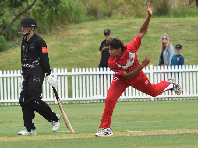 Shriyans Dhongade bowls as Jacob Thompson watches on. Picture: Sean Teuma