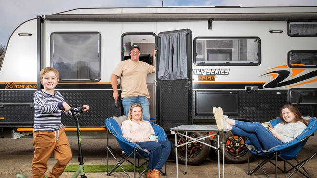 Joel and Cassandra Davey are selling their family home in Red Cliffs, near Mildura. The couple and their children Kelcey, 15, and Patrick, 9, are planning to travel and live in their caravan for a bit, after rethinking what's important during the pandemic. Picture: Mark Stewart
