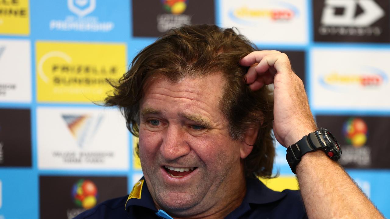 GOLD COAST, AUSTRALIA - MARCH 30: Des Hasler head coach of the Titans speaks to the media during the round four NRL match between Gold Coast Titans and Dolphins at Cbus Super Stadium, on March 30, 2024, in Gold Coast, Australia. (Photo by Chris Hyde/Getty Images)