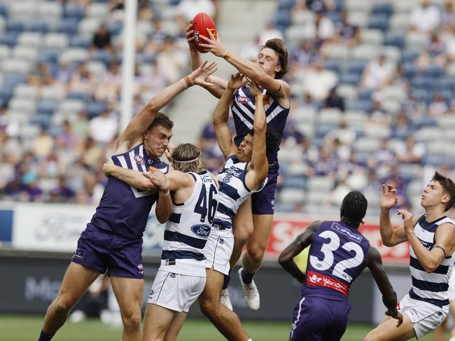 Fremantle’s Jye Amiss soars above the pack for a mark. Picture: Michael Klein