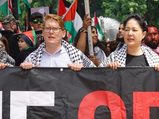 NSW Labor Parliamentary Secretary Anthony D'Adam and Greens MP Jenny Leong leading a pro-Palestinain protest march in Sydney on Sunday. Supplied