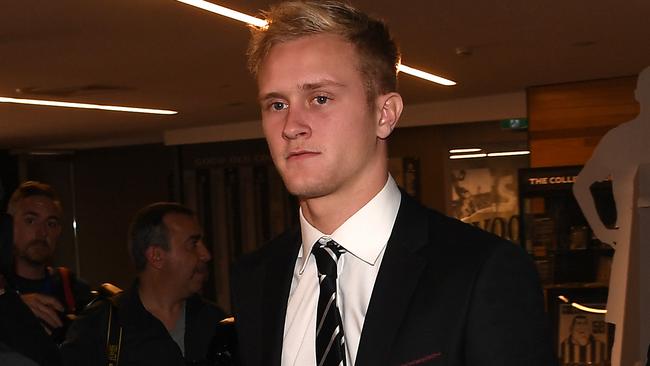 Banned Magpie Jaidyn Stephenson prepares to front the media on Wednesday. Picture: AAP Image/Julian Smith.