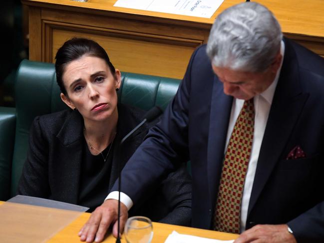 New Zealand Prime Minister Jacinda Ardern (left) listens as Deputy Prime Minister Winston Peters addresses Parliament. Picture: AFP