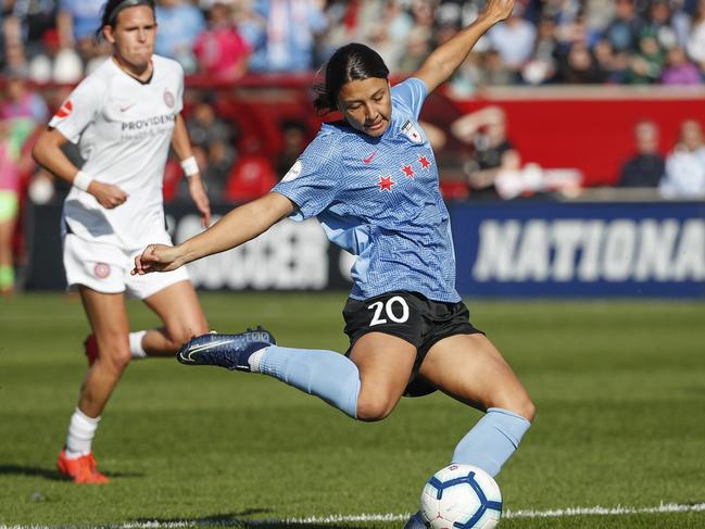 Chicago Red Stars forward Sam Kerr scores against the Portland Thorns FC during the first half of an NWSL playoffs semi-final soccer match Sunday, Oct. 20, 2019, in Bridgeview, Ill. (AP Photo/Kamil Krzaczynski)