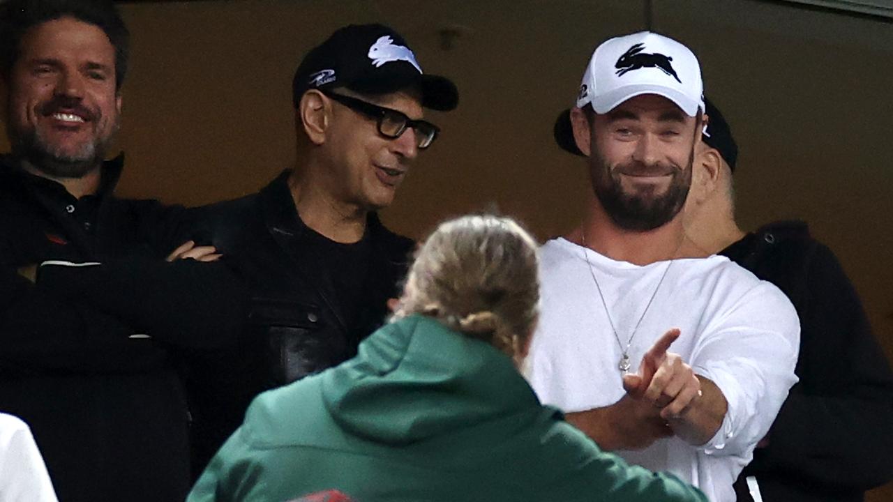 Chris Hemsworth, Jeff Goldblum and Russell Crowe were all pictured watching the round three NRL match between the South Sydney Rabbitohs and the Sydney Roosters on Friday. Picture: Getty Images