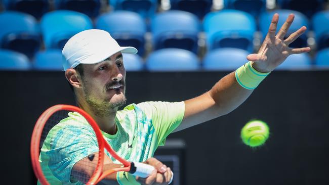 Bernard Tomic during his qualifying match against Jozef Kovalik. Picture: David Caird