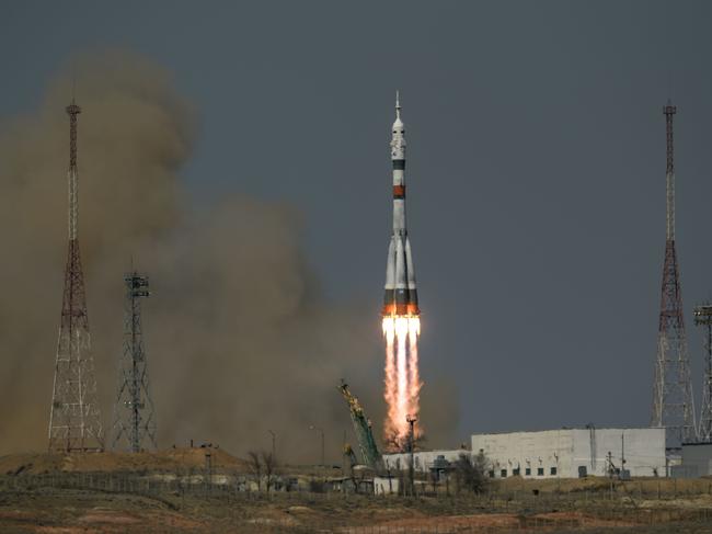 BAIKONUR, KAZAKHSTAN - APRIL 09: In this handout image provided by NASA, the Soyuz MS-18 rocket launches at the Baikonur Cosmodrome on April 9, 2021 in Baikonur, Kazakhstan. The Soyuz MS-18 spacecraft will send NASA astronaut Mark Vande Hei and Russian cosmonauts Pyotr Dubrov and Oleg Novitskiy on a mission to the International Space Station. (Photo by Bill Ingalls/NASA via Getty Images)