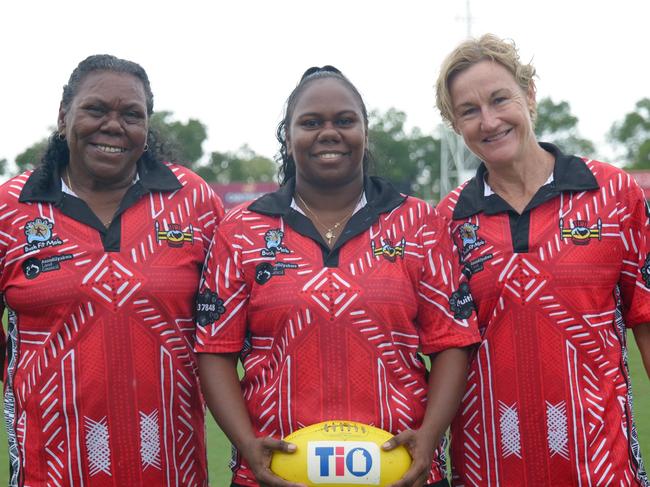 Mary Dunn, Laelia Dunn and Colleen Gwynne are delighted at the prospect of a Tiwi women’s side competing at NTFL Premier League level. Picture: Matt Gunn/AFLNT Media