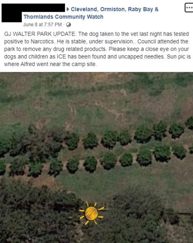 Facebook post in a Redlands community group shows the location where a dog is claimed to have eaten drugs. Picture: Facebook