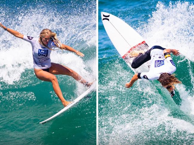 Jahly Stokes and Saxon Reber, the winners of the 2023 WSL Lake Mac City Pro Junior surfing event at Redhead Beach. Photo: WSL/Paul Danovaro