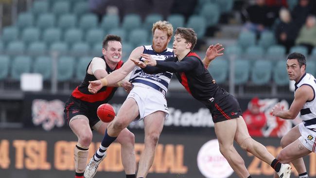Andrew Phillips Lauderdale and Michael Stingel North Launceston. TSL grand final 2024 - North Launceston V Lauderdale. Picture: Nikki Davis-Jones