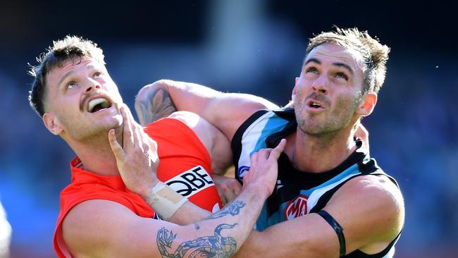 Peter Ladhams’ emotions got the better of him in his first match-up with his old side Port Adelaide. Picture: Getty Images