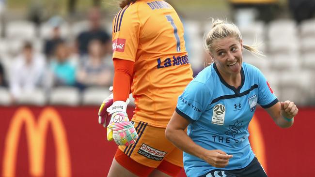 Sydney FC’s Remy Siemsen celebrates scoring her second goal against Melbourne Victory at Netstrata Jubilee Stadium in Sydney. Picture: AAP