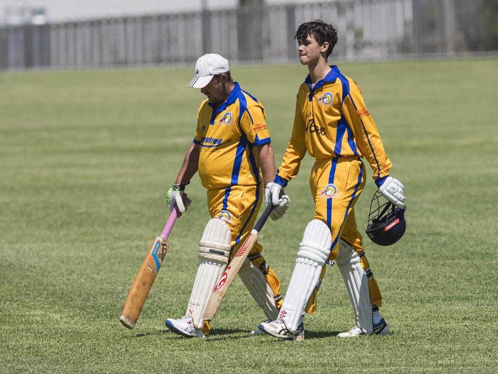 Northern Brothers Diggers batsmen John Hill (left) and Samuel Monk at the end of the innings against Metropolitan-Easts in Toowoomba Cricket B Grade One Day grand final at Captain Cook Reserve, Sunday, December 10, 2023. Picture: Kevin Farmer