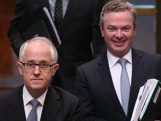 PM Malcolm Turnbull and Christopher Pyne arrive for Question Time in the House of Representatives Chamber, at Parliament House in Canberra. Picture Kym Smith