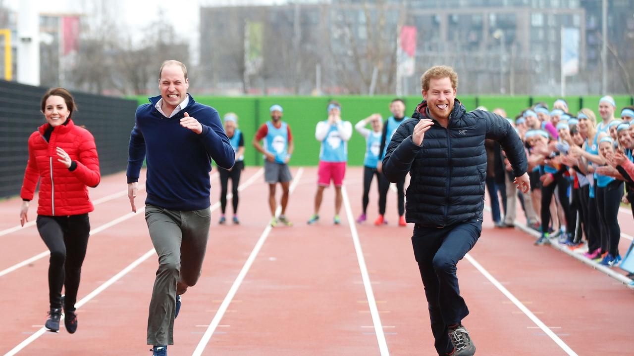 The Duke and Duchess of Cambridge and Prince Harry join a training day with the runners taking part in the 2017 London Marathon for Heads Together. Picture: Alastair Grant/AFP