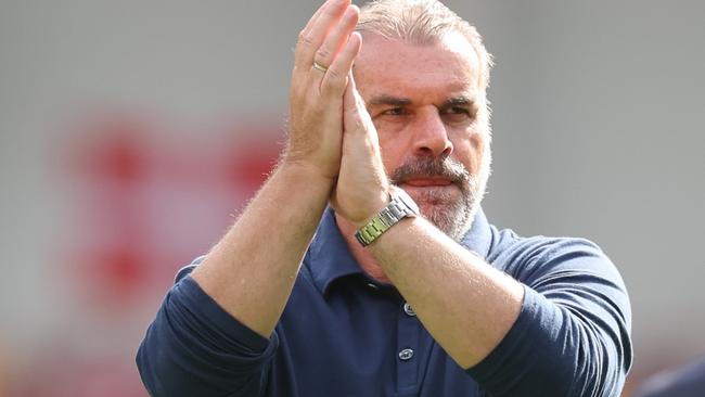 BRENTFORD, ENGLAND - AUGUST 13: Ange Postecoglou, Manager of Tottenham Hotspur, applauds the fans after the draw in the Premier League match between Brentford FC and Tottenham Hotspur at Gtech Community Stadium on August 13, 2023 in Brentford, England. (Photo by Julian Finney/Getty Images)