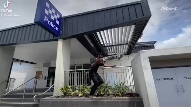 WATCH: Sick skateboarding stunts at coast cop shop