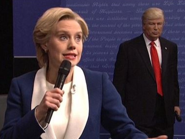 Alec Baldwin as Donald Trump lurks behind Kate McKinnon as Hillary Clinton. Picture: NBC