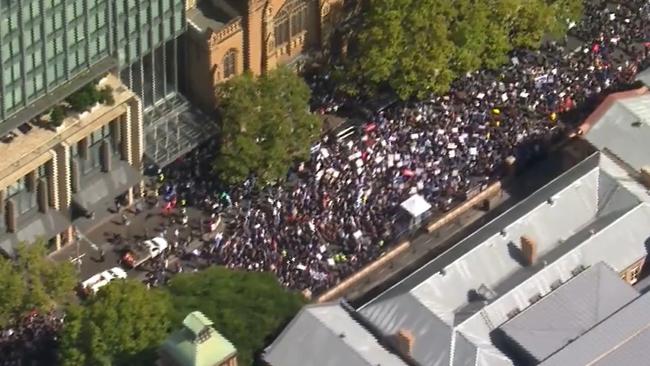 Thousands of nurses strike outside Parliament House today. Picture: Channel 9