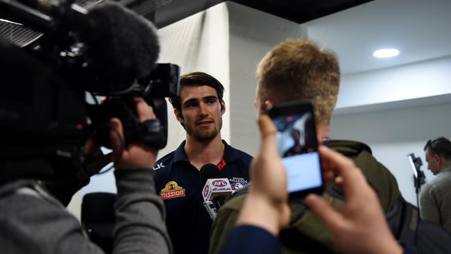 Captain Easton Wood fronts the media throng. Picture: AAP