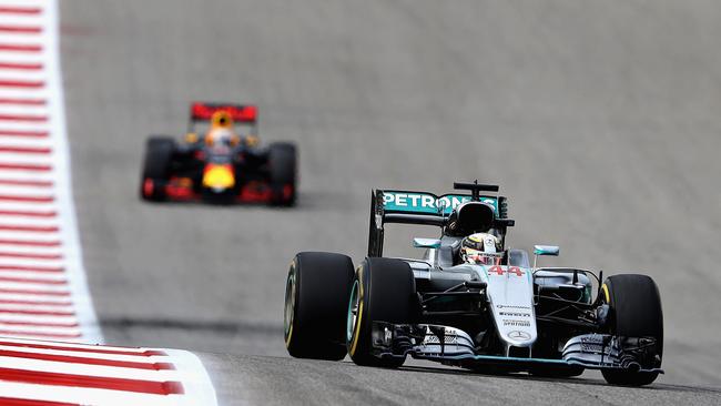 Lewis Hamilton leads a Red Bull in last year’s US Formula One Grand Prix at the Circuit of The Americas in Austin. Picture: Getty Images/AFP
