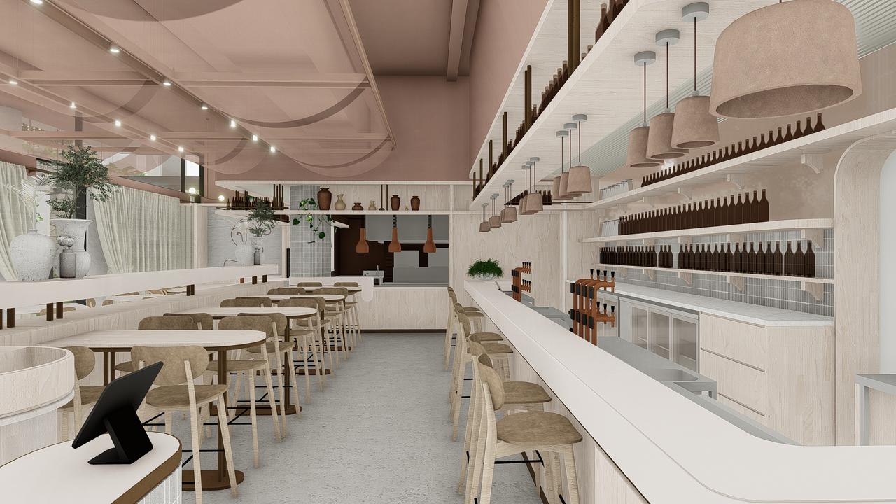 The bar at Evra, Newstead holds pale pink roof decor, flowing down into white with light-wood textures.