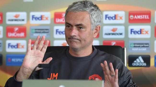 Manchester United manager Jose Mourinho takes part in a press conference.