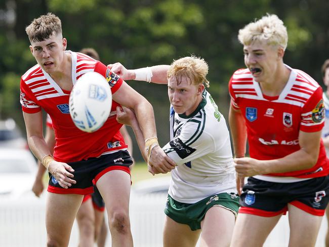 L to R: Rhys O'Dea from  Illawarra South Coast Dragons  Zane Saunders  for Western Rams and Lexin O'Dea from Illawarra South Coast Dragons.  Picture: John Appleyard. Laurie Daley Cup 2025 Round 1, Illawarra South Coast Dragons vs Western Rams at Ron Costello Oval, Shellharbour.  9 February 2025. Picture: John Appleyard