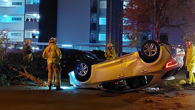 Aftermath of stolen vehicle crash at Riverway Drive, Condon. Picture: Leighton Smith